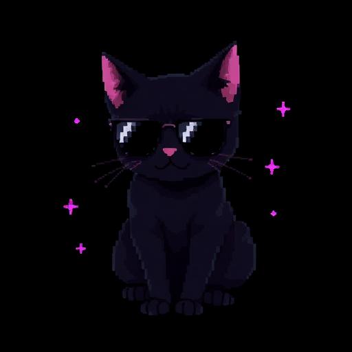 A pixel art black cat wearing sunglasses